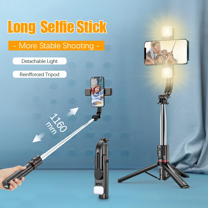 

Roreta 2022 New Bluetooth Tripod Selfie Stick Foldable Wireless Monopod With Bluetooth Shutter Fill Light for Android IOS Phone