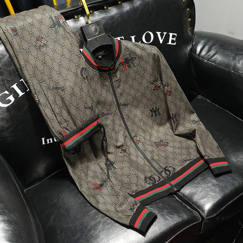 

High quality temperament men's autumn and winter stand-up collar long-sleeved zipper two-piece suit sports and jacket and pants