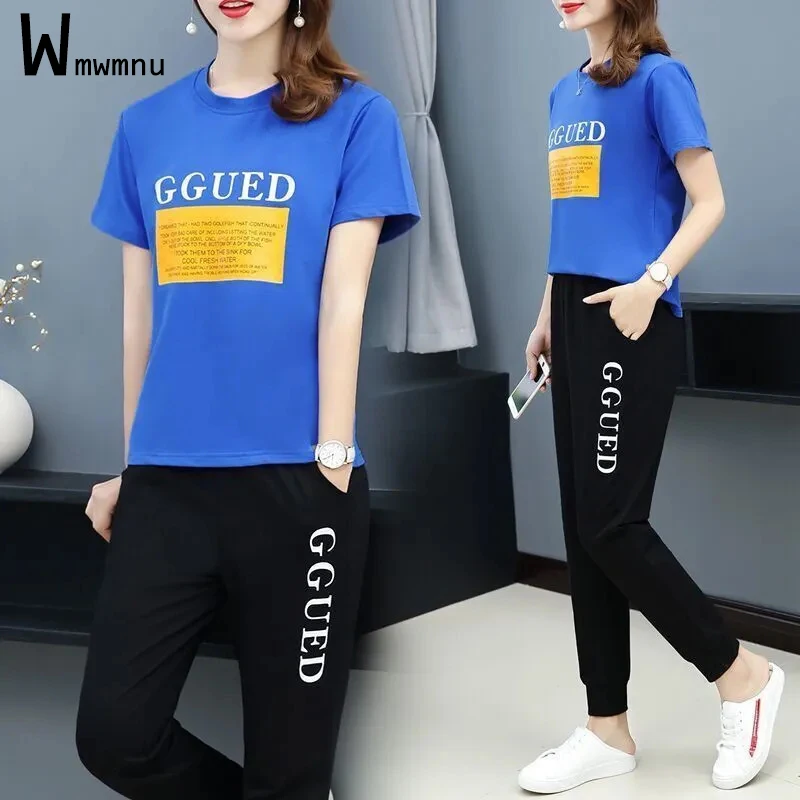 

Letter Printed Loose Large Size 4XL Tracksuit Women Two Piece Sets Summer O Neck Short Sleeve T-shirt+Jogging Capris Pants Suit