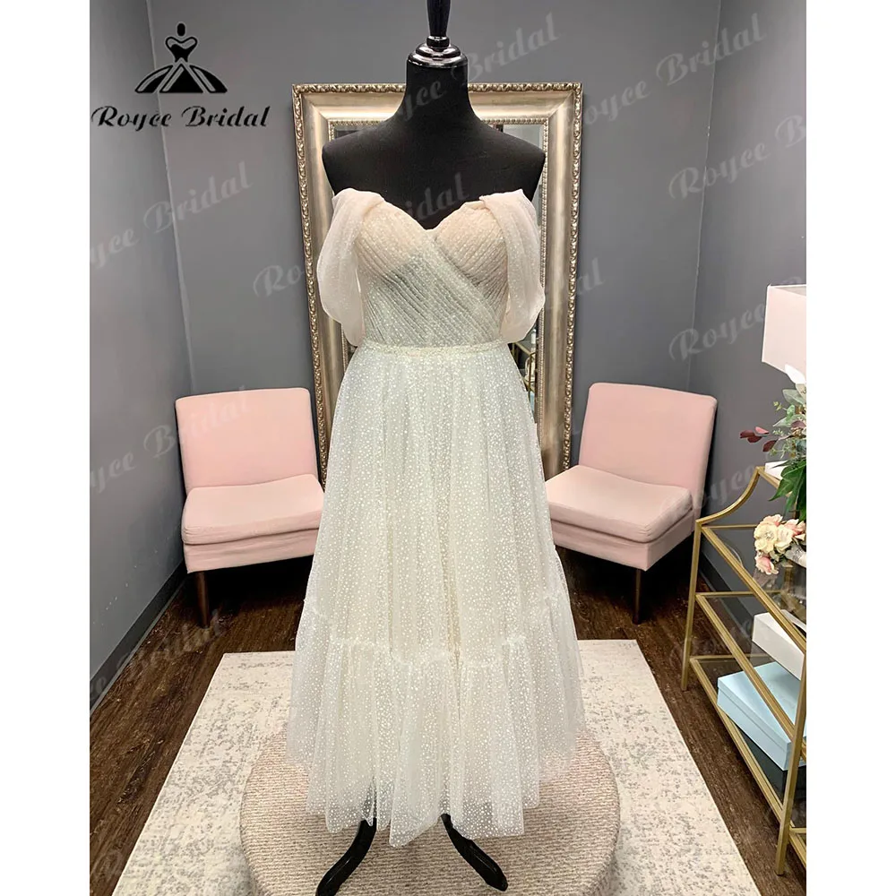 

Princess Polka Dots Off Shoulder Short Wedding Dress with Short Cap Sleeve 2024 Wedding Bridal Receipt Party Gown Roycebridal