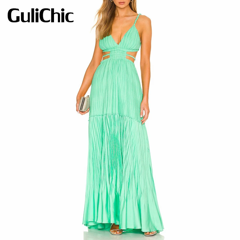 

5,10 GuliChic женское модное сексуальное однотонное длинное Плиссированное Платье с V-образным вырезом и открытой спиной