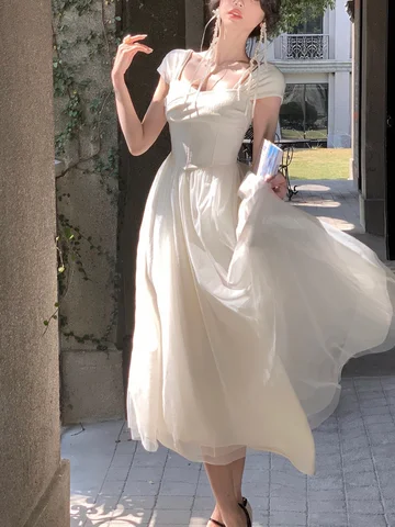 French Elegant Dress Office Lady 2023 Summer Short Sleeve Fairy Midi Dress Casual Fashion Evening Party Dress Woman