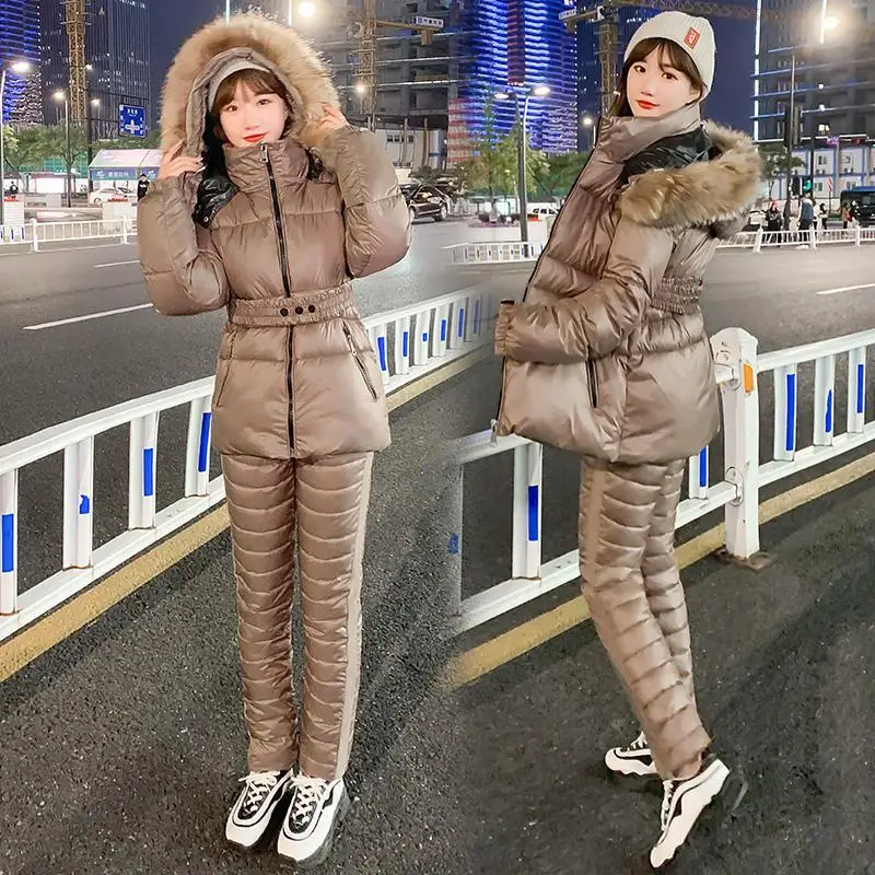 

Women's Cotton Padded Coat Parkas Hood and Long Pants Female Winter Jacket Long Pant Thick Warm Casual Two Piece Pants Suits G62