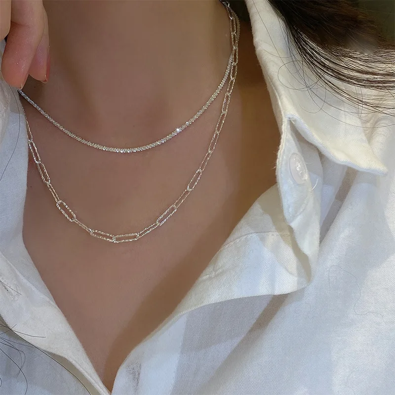 

Retro Accessories Plain Chain Sparkling Silver Necklace Temperament Simple Stacking Double-layer Clavicle Chain Element Chain