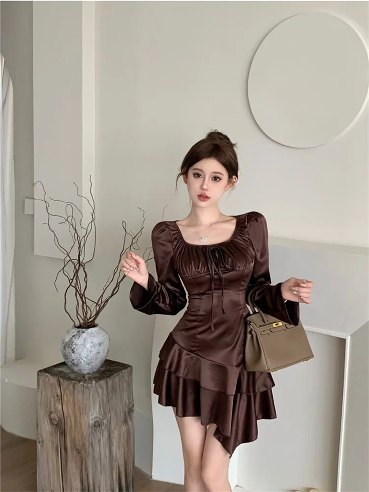 

Женское атласное платье с рюшами и длинным рукавом, ассиметричное Плиссированное короткое платье-туника с U-образным вырезом и длинным рукавом, осень