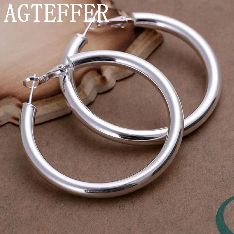 

AGTEFFER 925 Sterling Silver Earrings Fashion Pretty Nice Fashion Women Party 5CM Round Earring Jewelry Big Circle Lady Wedding