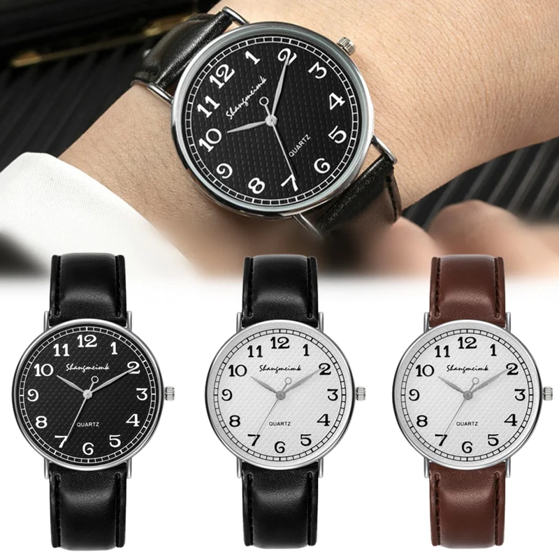 Часы наручные мужские кварцевые с большим циферблатом и кожаным ремешком