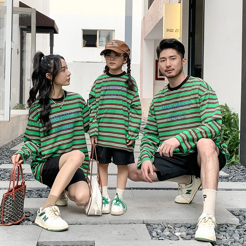 Enlarge Family Matching Outfits Mother KidsStriped Long-sleeved T-shirt Bottoming Shirt Loose Family Coat Family Look Boys Clothes