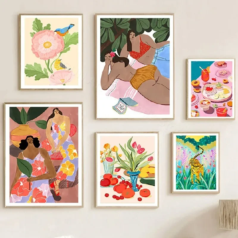 Тигр Слон Леопард птица фруктовый цветок дерево женщина настенная Картина на