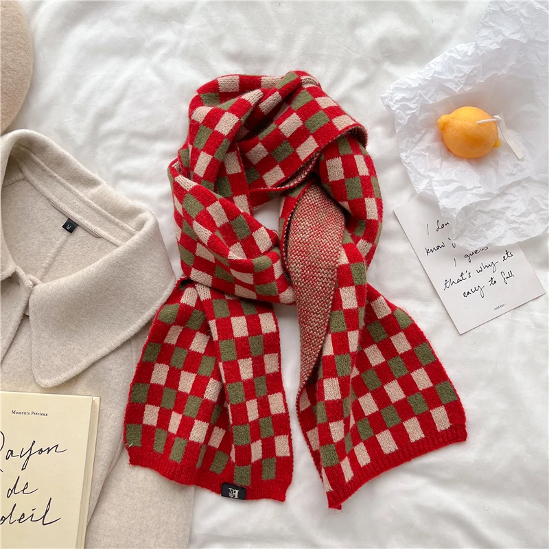 

2022 Design Knitted Scarf Women Winter Muffler Warm Korean Style Neckercheif Fashion Plaid Bufanda Woolen Yarn Foulard Bandana