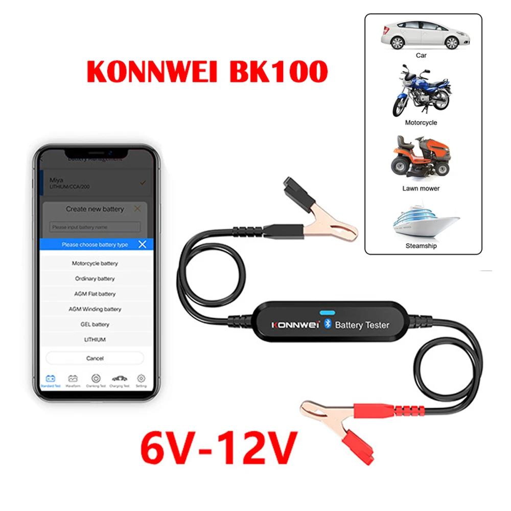 

For KONNWEI BK100 Bluetooth Wireless Car Battery Tester CCA 100-2000 6V 12V Detection Cranking/Charging Test Multi-languages