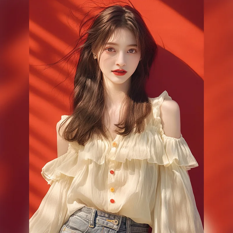 Женская рубашка с длинным рукавом V-образным вырезом и воланом