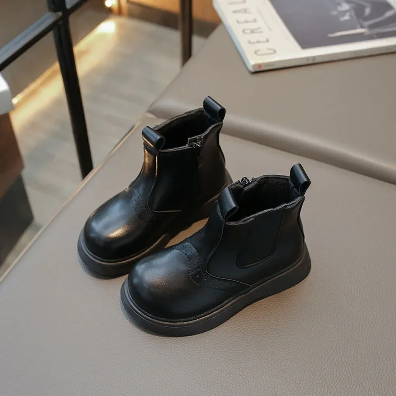 

Winter Kids Fashion Cotton Boots Round-toe Solid Color Children Leather Ankle Boot Causal Thick Soled Plush Black Boots for Girl