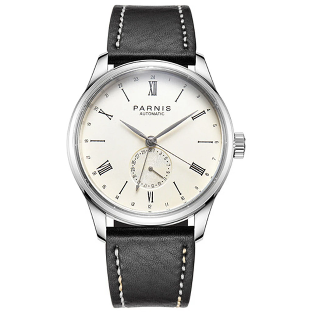 

Parnis 42mm White Dial Mechanical Automatic Mens Watches GMT Leather Strap Waterproof Watch For Men reloj hombre marca de lujo