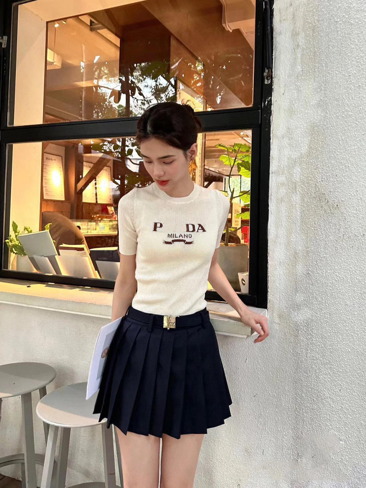 

Summer Women's Clothing New Fashion Classic Letter Jacquard Pit Stripe Short Sleeve Slim Fit Versatile Knitted Top Y2k T-shirt