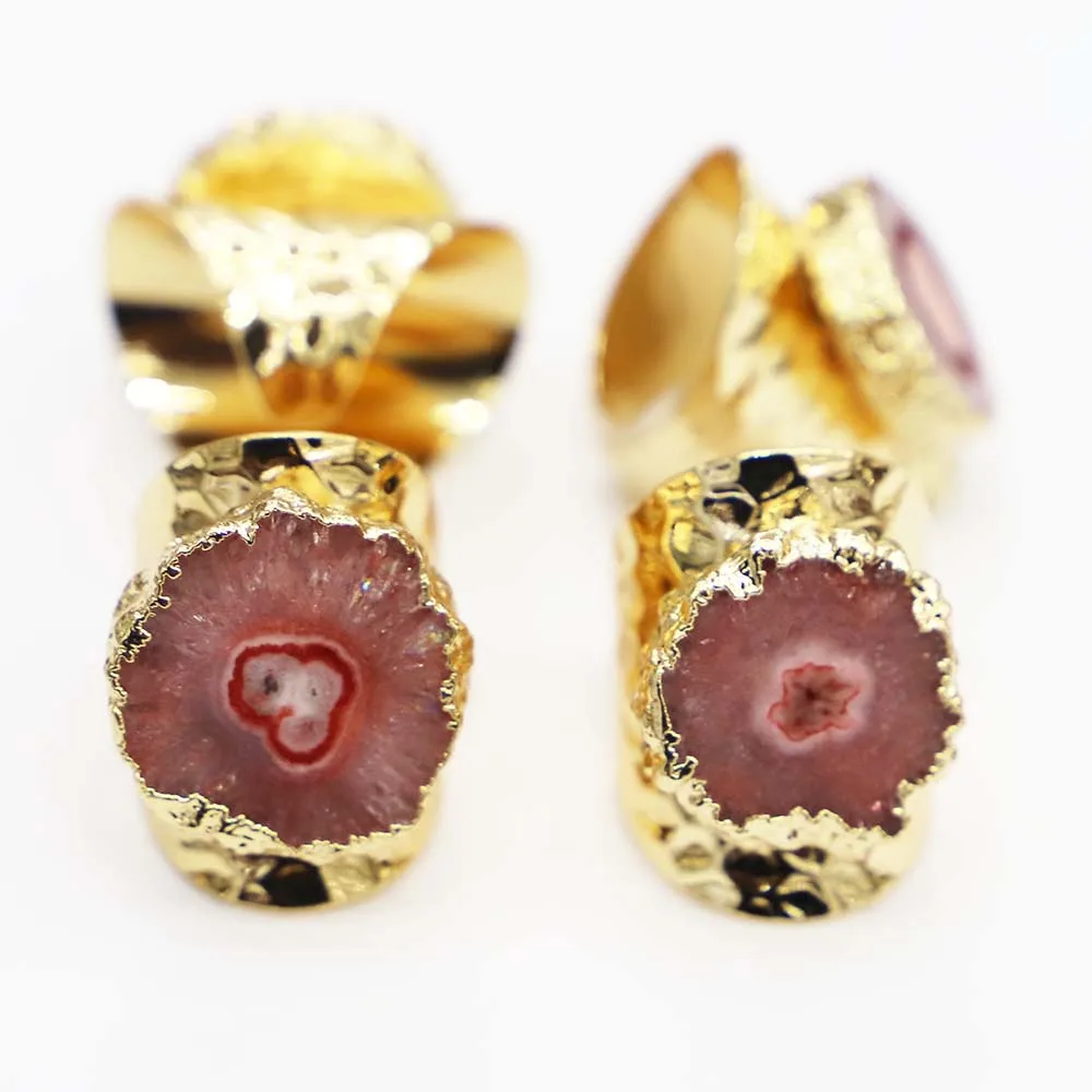 

2pcs/lot New Raw Stone Orange Sunflower Agates Druzy Quartz Adjustable Ring Irregualr Gold Color Open Finger Jewelry Wholesale