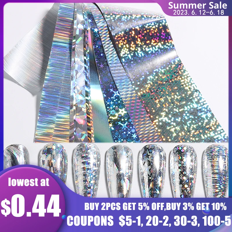 10pcs Holographic Transfer Foil Nails Super Shiny Laser Nail Stickers Wave Geometry Lines Stars Sliders Gel Polish Wraps GLXKY01