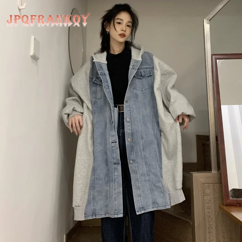 

Women's Windbreaker In Autumn and Winter Long Fried Street Hooded Denim Korean Version of Casual Tooling Women Long Coat Women