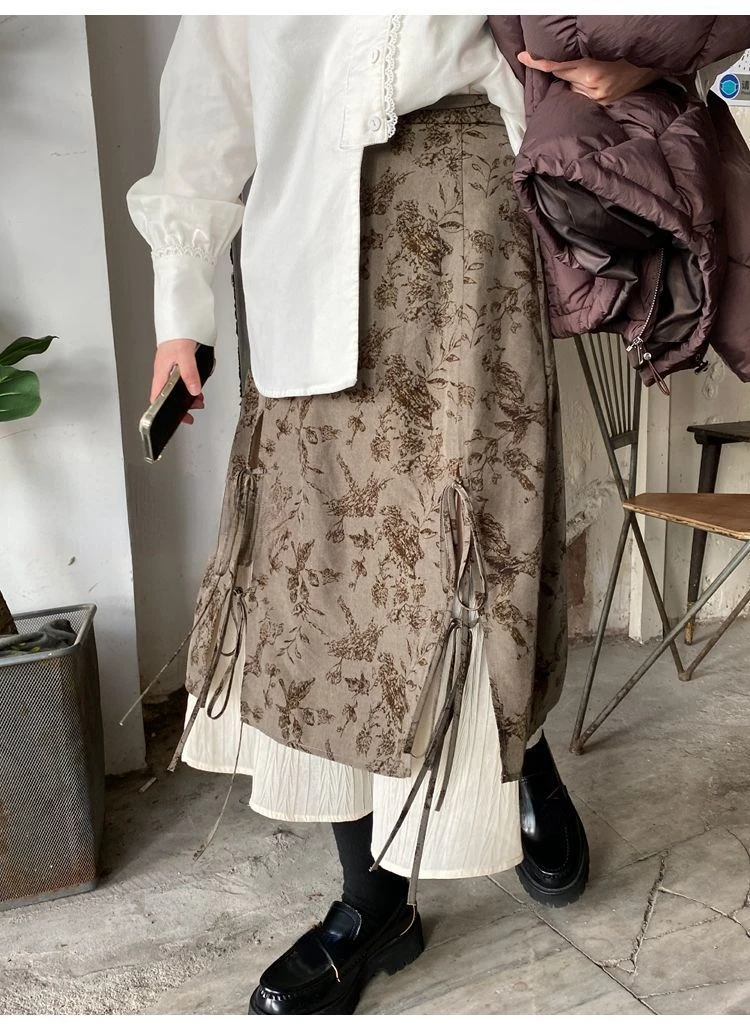 

Y2k милые вечерние длинные юбки с принтом в стиле бохо гранж Fairyore ретро юбки Kawaii праздничные плиссированные юбки с оборками в стиле пэчворк ж...