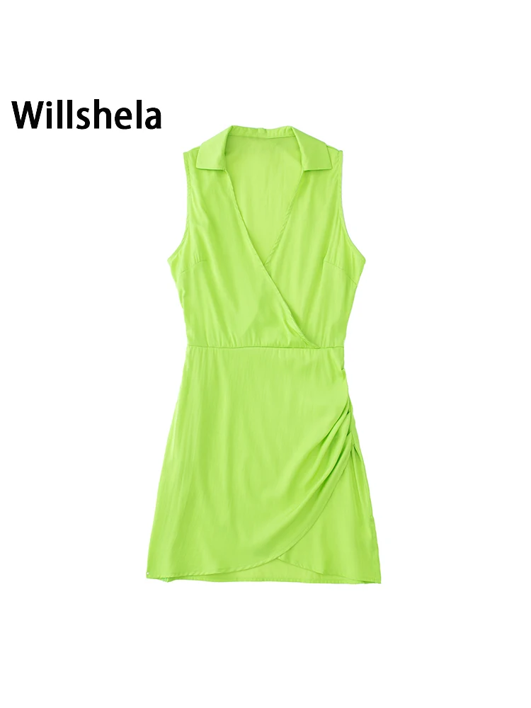 

Willshela женское модное однотонное мини-платье с разрезом спереди и боковой молнией винтажные женские платья без рукавов с отворотом