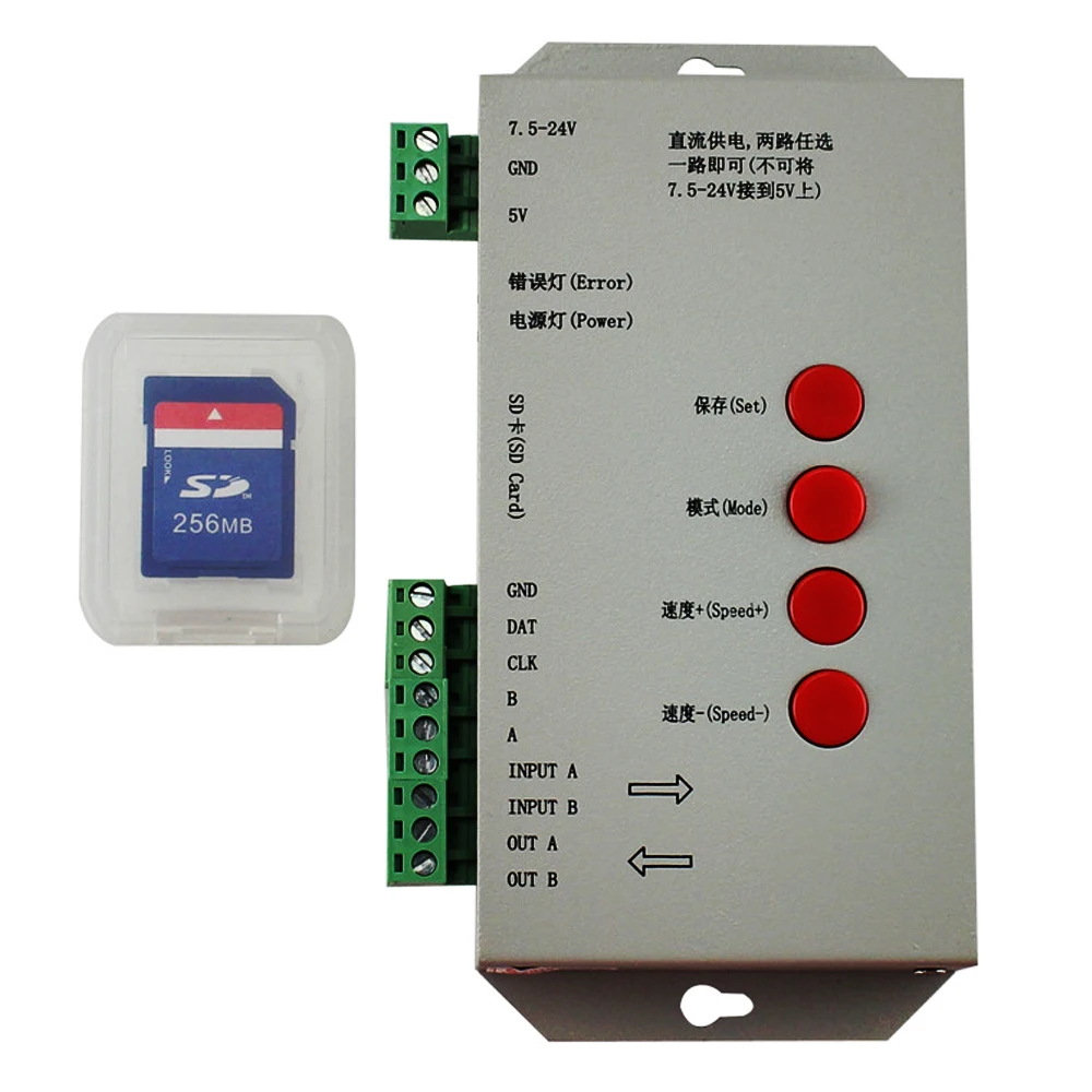 

SD-карта T1000S для WS2801 WS2811 WS2812B RGB полноцветный светодиодный пиксельный контроллер 5 ~ 24 В постоянного тока