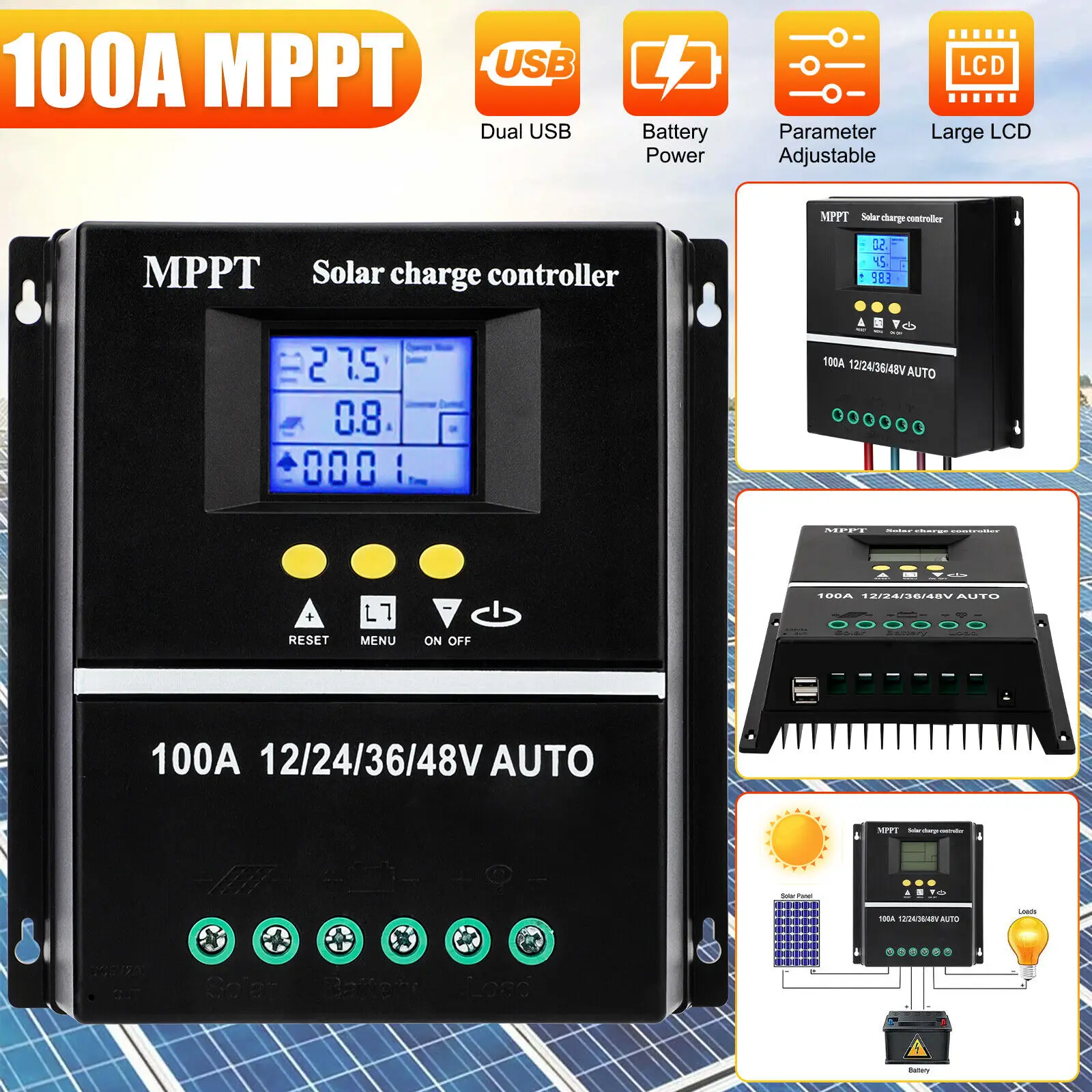

MPPT Solar Charge Controller 100A 12V/24V/36V/48V Auto Dual USB LCD Solar Panel DC Battery Smart Regulator Lead Acid/Lithium