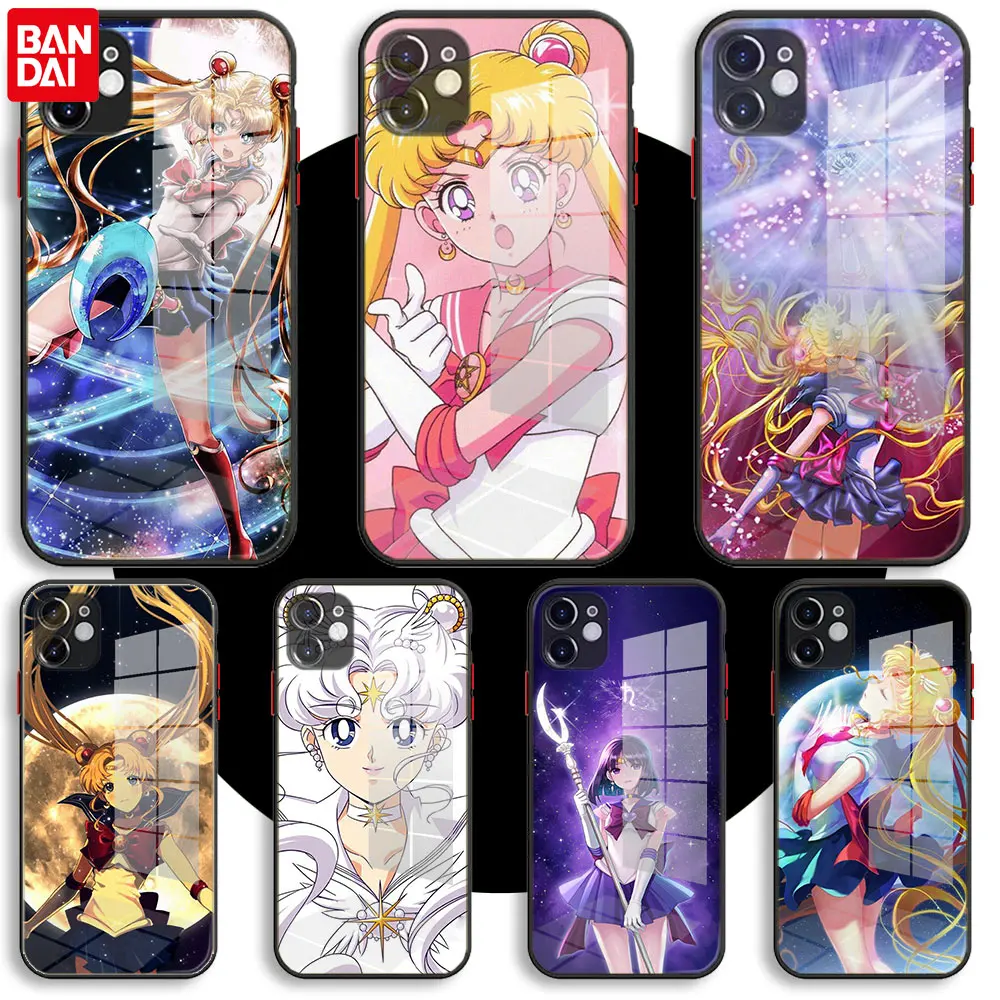 

BANDAI Black Glass Case For iPhone 13 11 12 Mini Pro Max XS XR X 7 8 6 Plus SE Silicone Cover Sailor Moon