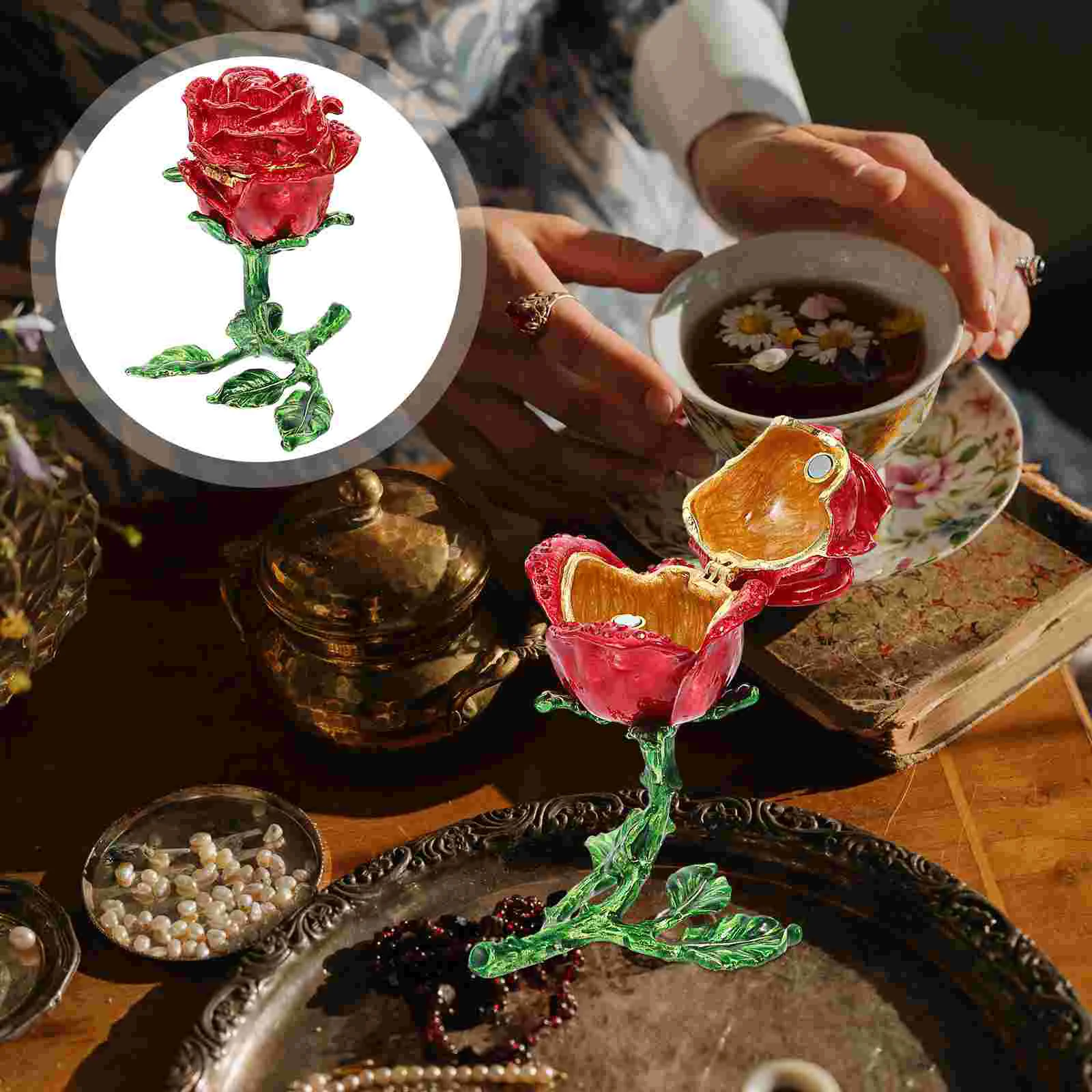 

Storage Box Vintage Home Decor Rose Ring Box Girl Ring Bearer Box Tin Alloy Metal Rose Figurines Engagement Ring Box Travel