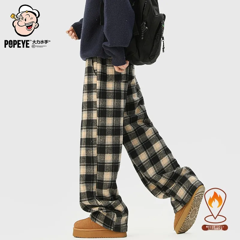  Fashion Brand Retro Plaid Fleece-lined Warm Casual Pants Men Winter Couple Loose Straight Wide Leg Cotton-padded