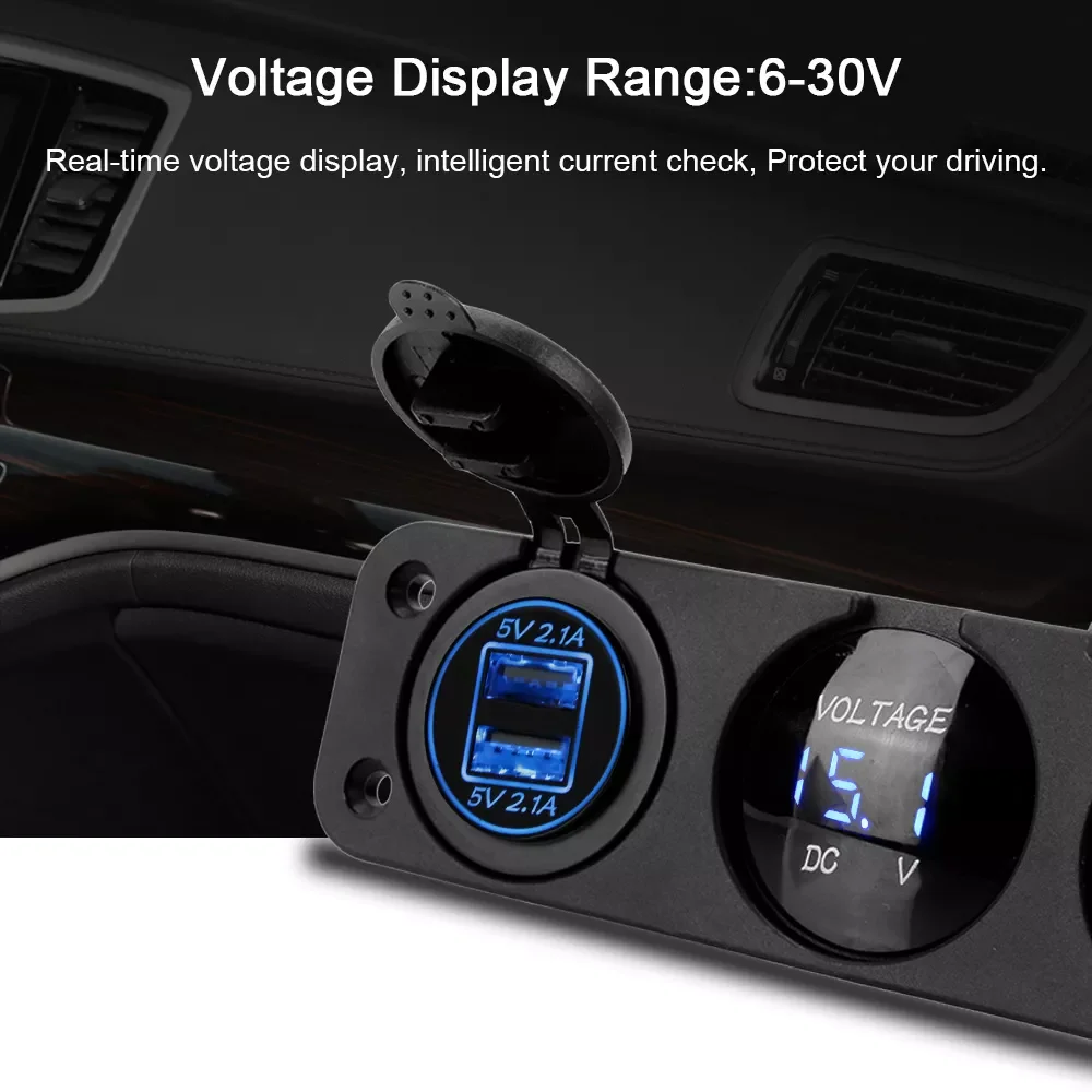 

12/24V Port Panel Cigarette Lighter Dual USB Car Soket Charger Adapter Voltmeter Socket Charger 4.2A Fast Power for RV Camper