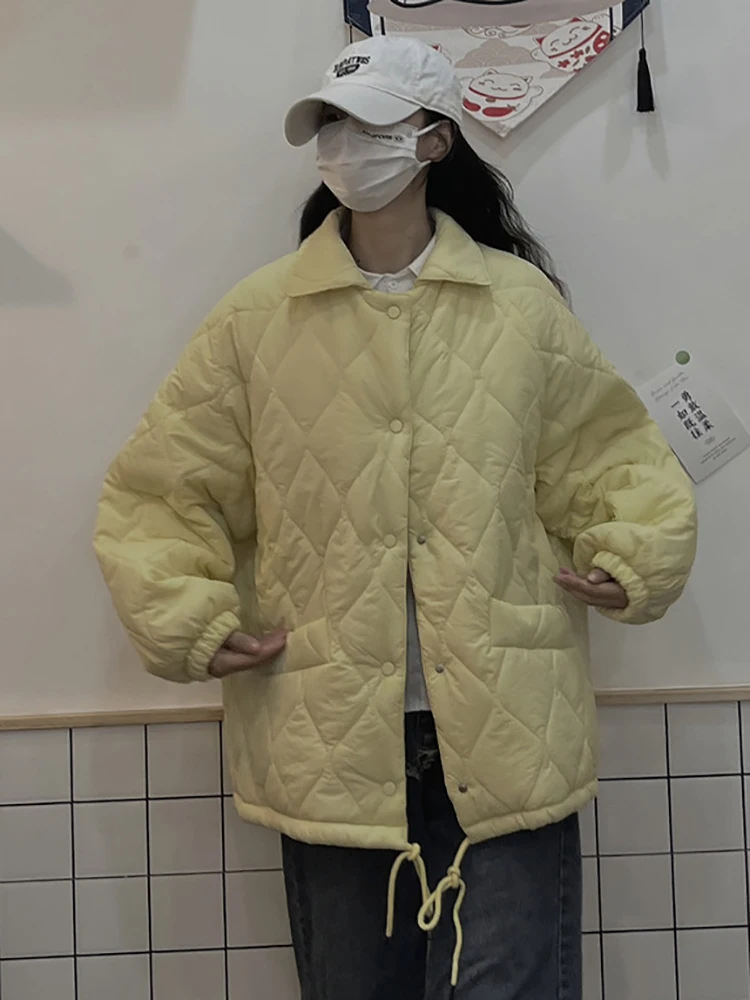 Winter Women Plush Thicked Parkas Turn Down Collar Long Quilted Jacket Fashion Button Drawstring White Coat Warm Streetwear 2022