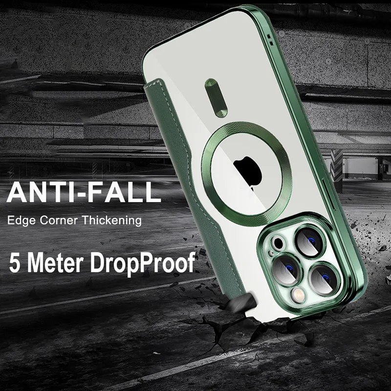 Leather Flip Cover Magnetic Electroplating TPU Case For iPhone 14 Pro Max Plus 13 12 11 Lens Glass Film Wireless Charging