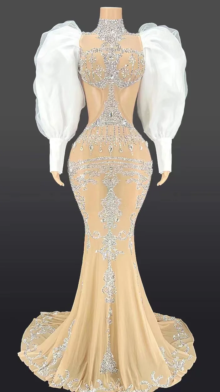 

Sexy Sparkly Rhinestones Puff Sleeves Mesh Long Dress Sexy Backless Evening Party Birthday Gown Dress Singer Show Stage Dress