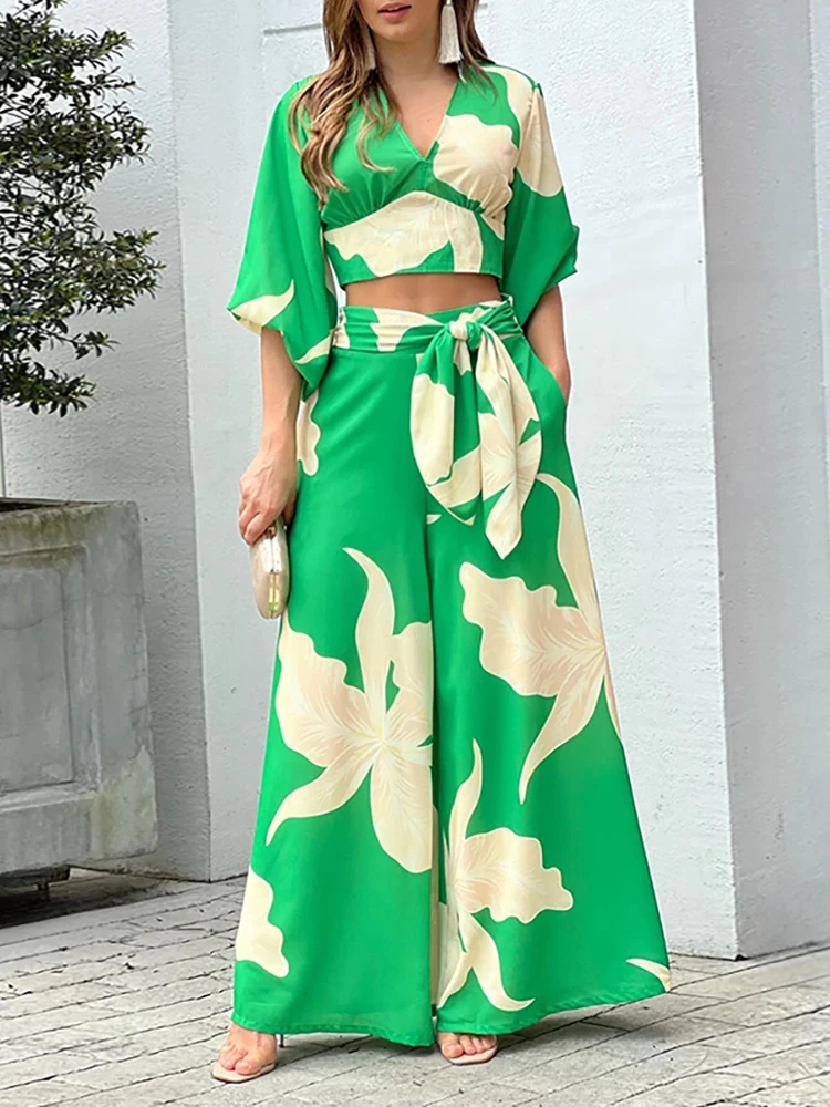 

Green Print 2 Piece Sets Beach Clothing Loose Long Pants and V neck Tops Beach Cover up Tunic for Beach Kaftan Beachwear Sarong
