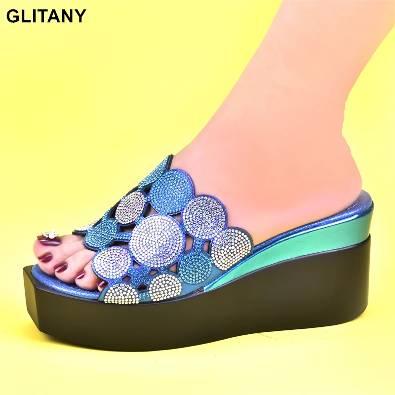 

Latest Womens Platform Heels African Party Pumps Decorated with Rhinestone Wedges Shoes for Women Nigerian Women Wedding Shoes