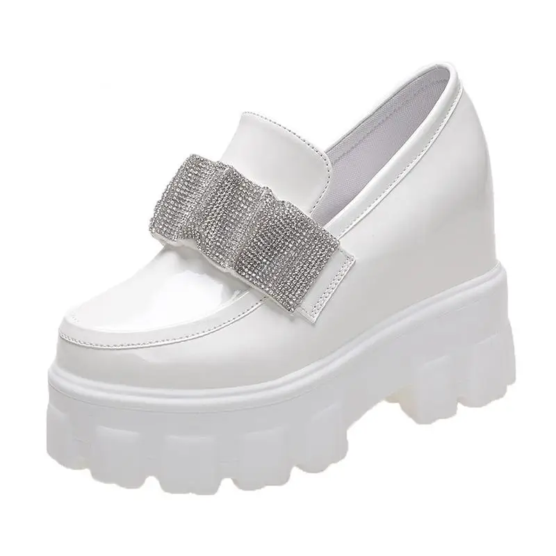 

Women Chunky Sneakers 2022 Autumn 10CM High Heels Casual Shoes Thick Soled Slip-on Leather Shoes Wedge Platform Bling Sneakers