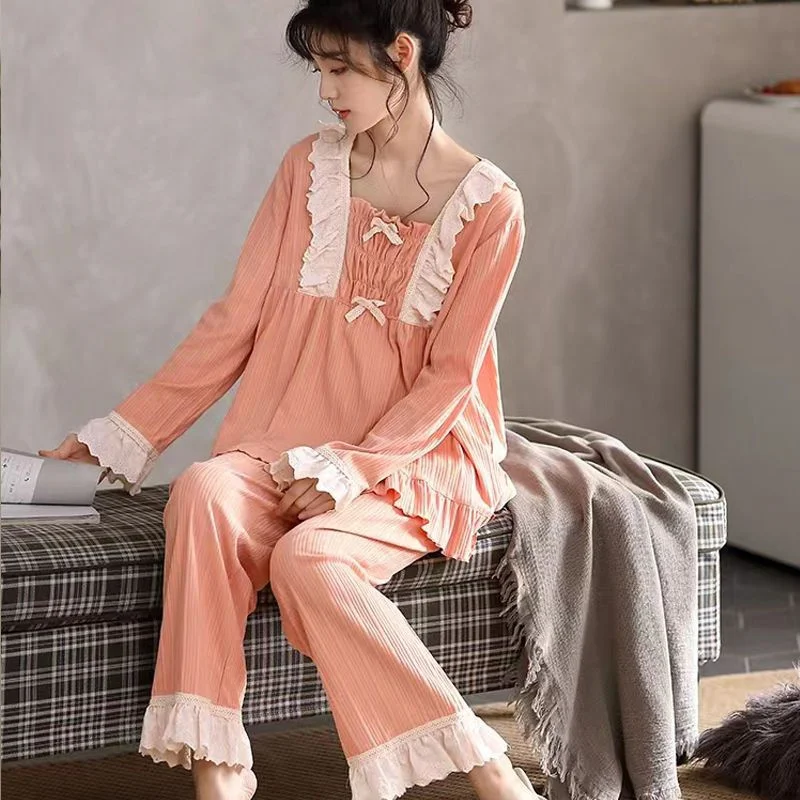 Sexy Lace Pajamas Set Sleepwear For Women Palace Princess Full-Sleeve Sweet Pyjama Women's Autumn Fashion Plus Size Homewear