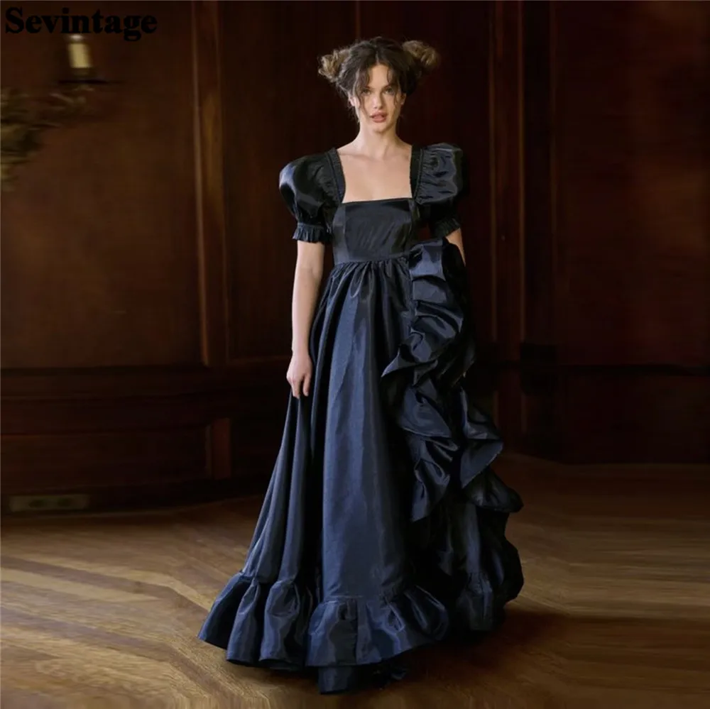 

Sevintage Vintage Black Satin Evening Dresses Square Collar A-Line Puff Sleeves Ruffles Side Slit Prom Dresses for women 2023