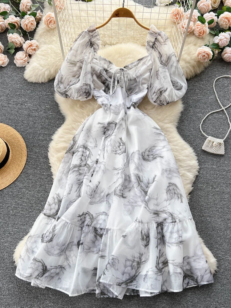 

Женское платье с коротким рукавом, летнее плиссированное платье в стиле ретро с высокой талией, квадратным вырезом и чернильным принтом