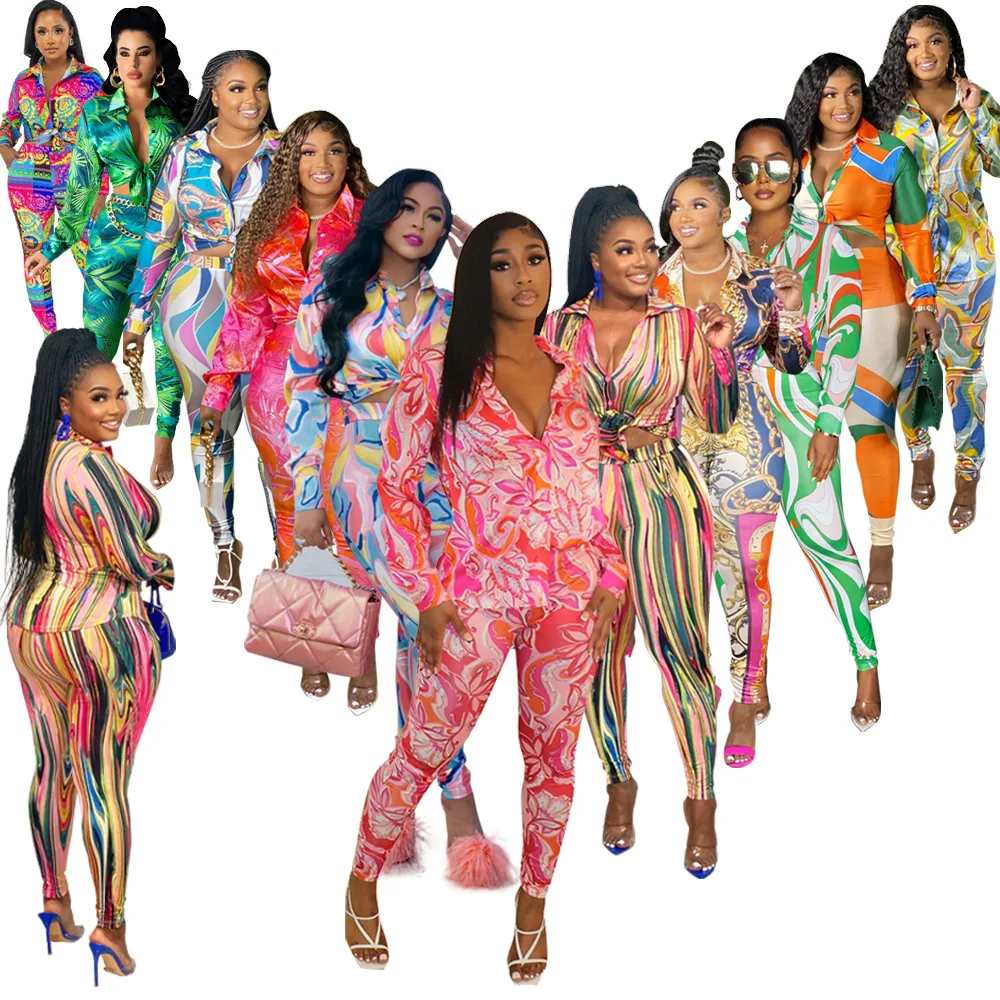 

Women's Clothing 2022 Latest Fashion 2 Piece Sets Spring Autumn Printed Multicolor Long Sleeve Shirts Pants Home Casual Suits