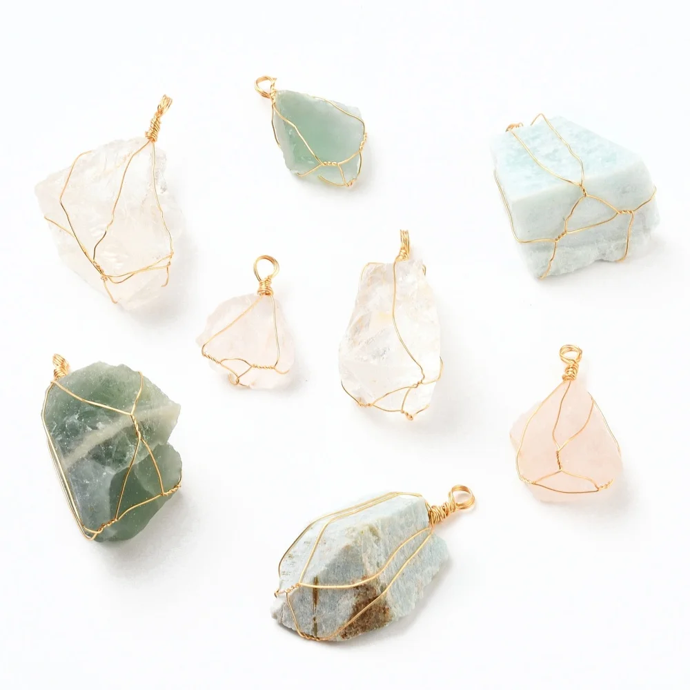

10pcs/Lot Rough Raw Natural Gemstone Pendants Wire Wrapped Pendant with Golden Plated Copper Wire Nuggets