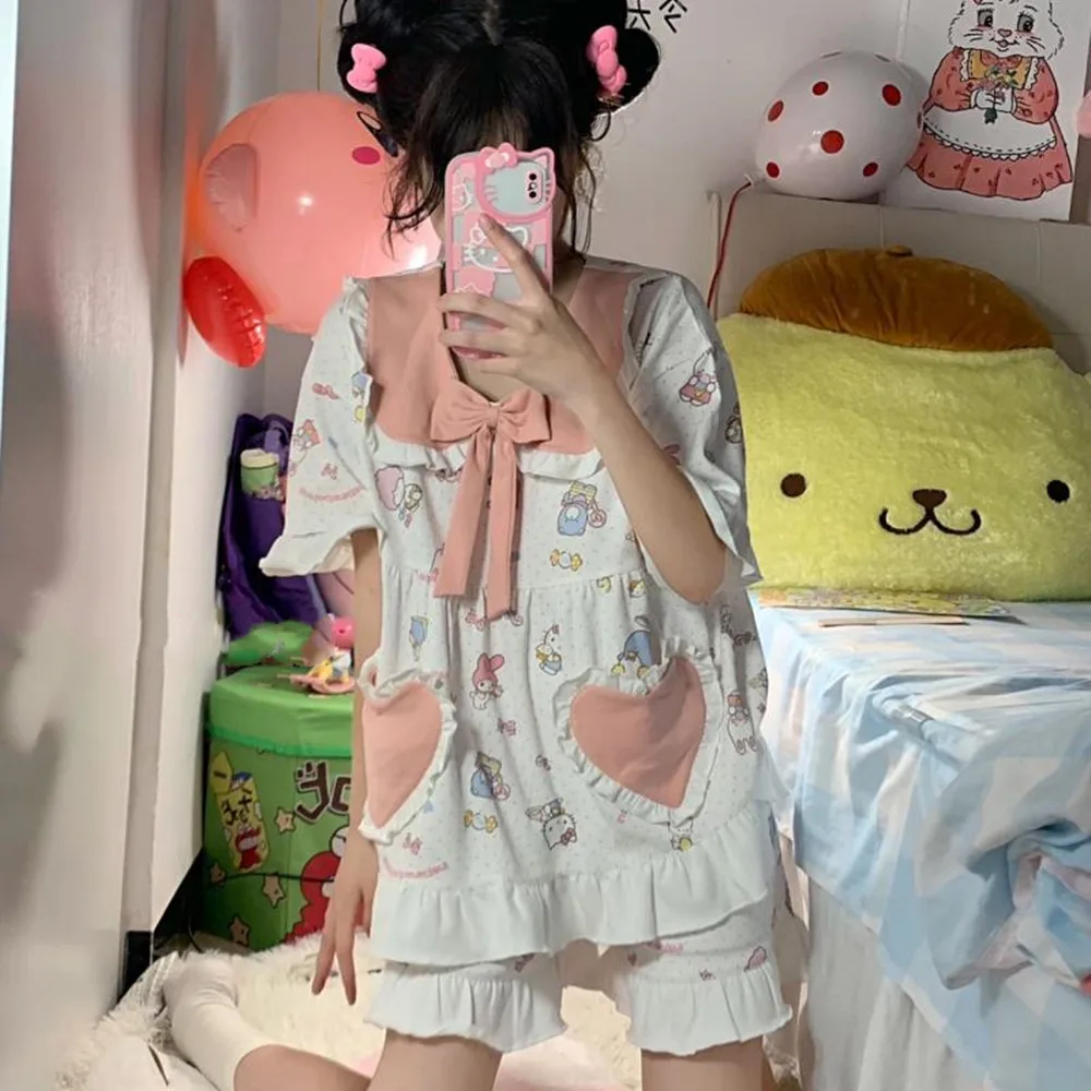 

Kawaii Sanriod Anime Hobby Mymelody Kitty Japanese Summer Thin Ladies Cotton Short Sleeve Shorts Pajamas Two Piece Homewear