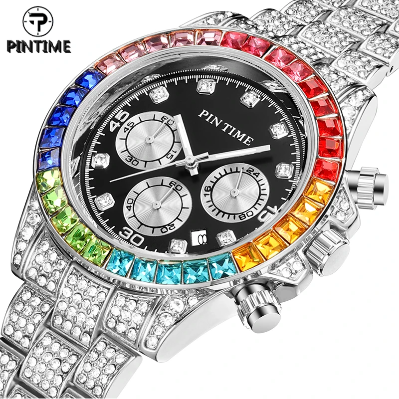 

PINTIME Quartz Watch Men Luxury Diamond Hip Hop Colorful Bezel Stone Iced Out Watch Wristwatch Clock Male zegarek meski montre