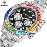 pintime quartz watch men luxury diamond hip hop colorful bezel stone iced out watch wristwatch clock male zegarek meski montre