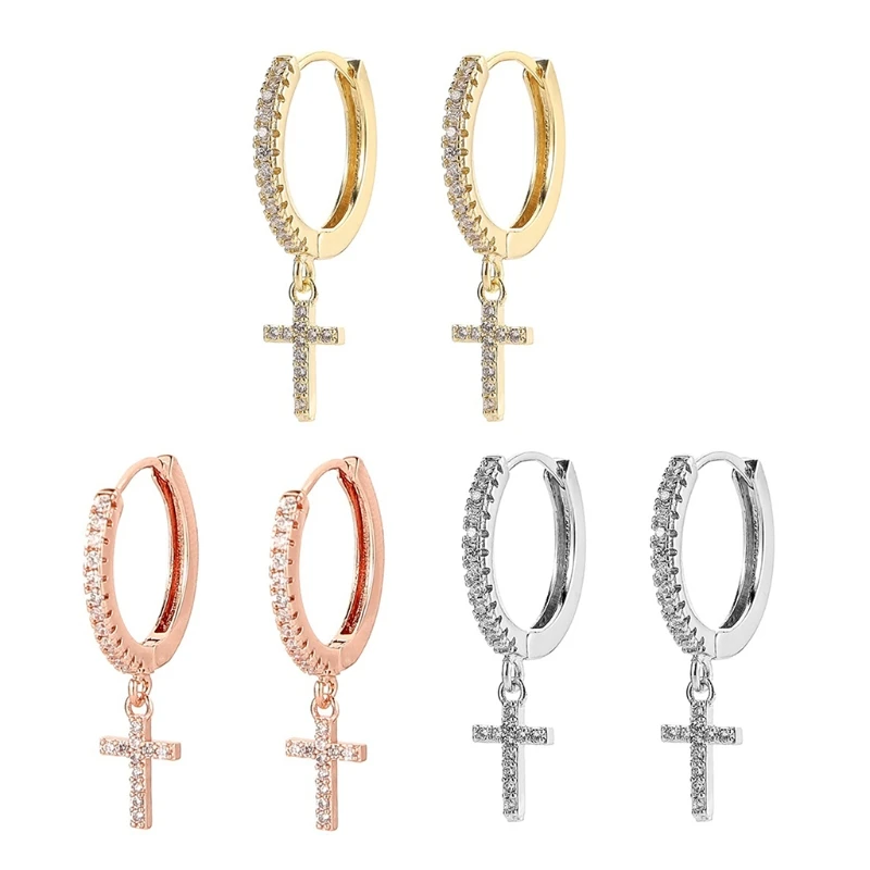 

Three Color for Cross Earrings Ear Buckle Inlaid High Quality Zircon Earrings