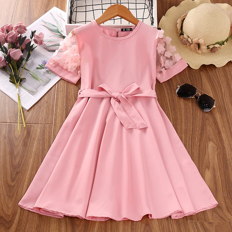 

Платья принцессы с цветами, Детские платья для девочек, повседневная одежда, Детский костюм, кружевные панели, летние платья с поясом, платье для девочек