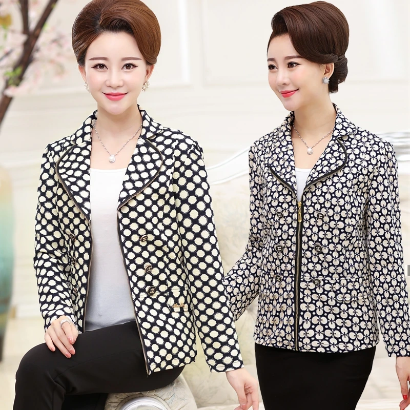 

Women's Short Jacket Spring Autumn New Casual Print Turn Down Collar Jacket Female Basic Zipper Coat Tops Plus Size 5XL J364