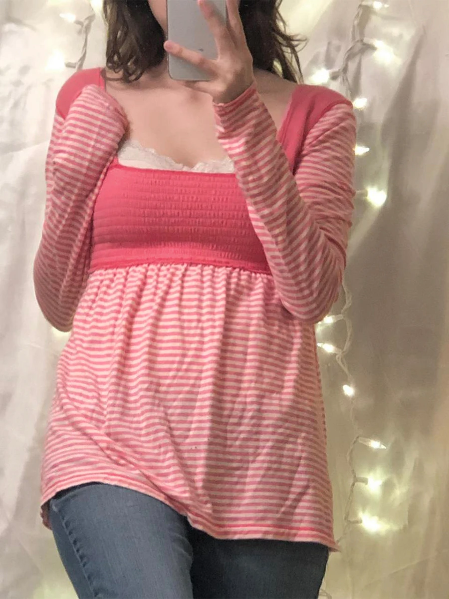 

Женская футболка с длинным рукавом, квадратным вырезом и полосками