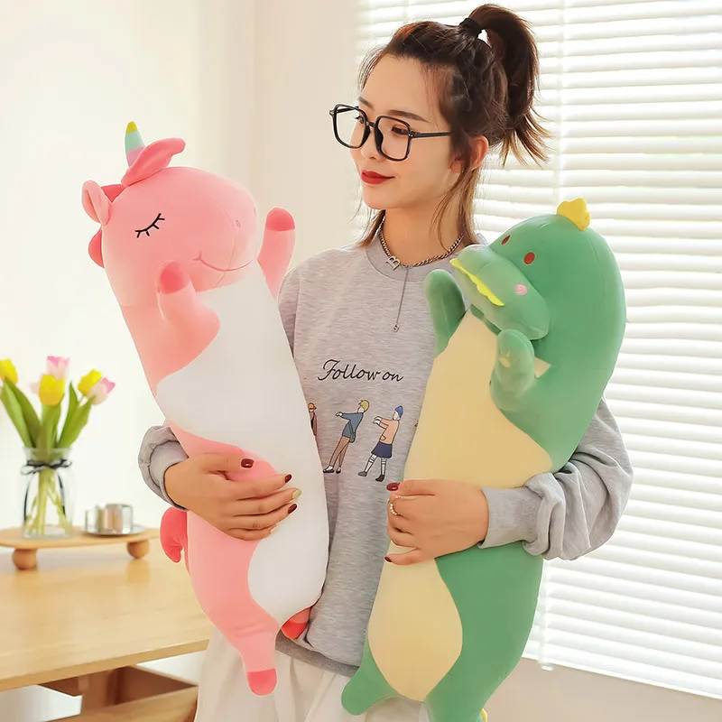 70~120cm Kawaii Long Animals Doll Plush Toy Squishy Grey Pink Brown Cats Unicorn Dinosaur Fox Pig Cute Leg Head Pillow For Kids - купить по