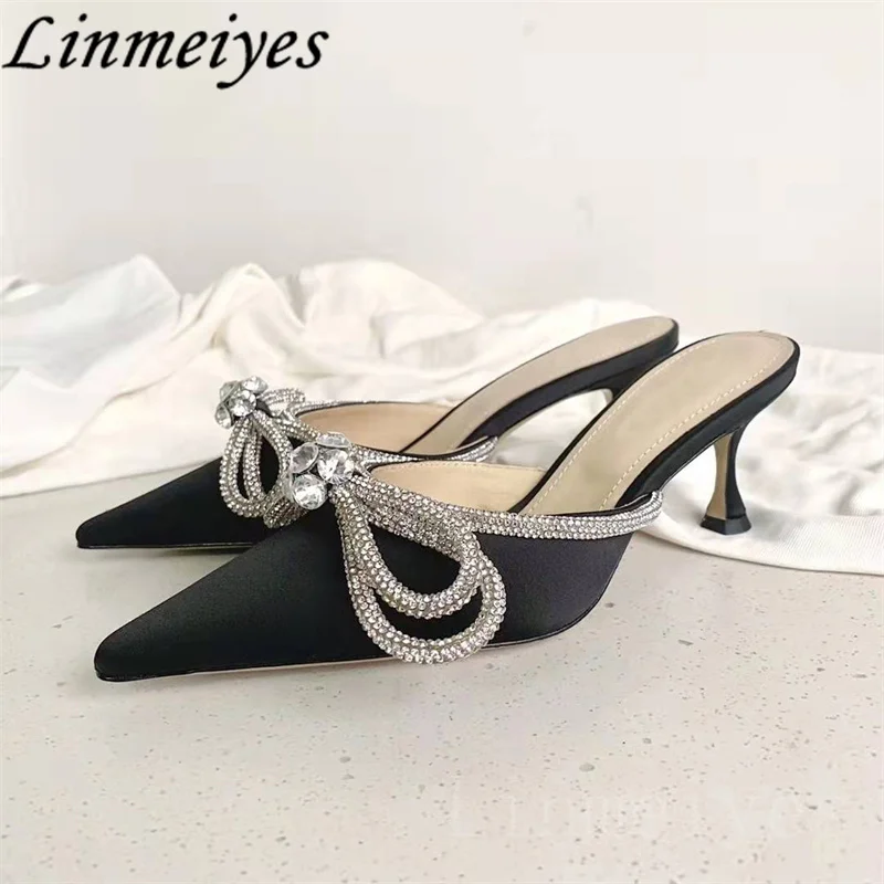 

Fashion Pointy Toe Slingbacks Thin Heels Slippers Women Crystal Butterfly-knot Slides Woman Summer Party Mules Shoes Woman